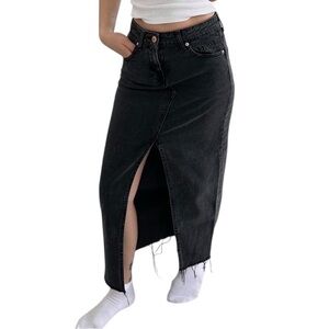H&M Black Denim Maxi Skirt with Front Slit
